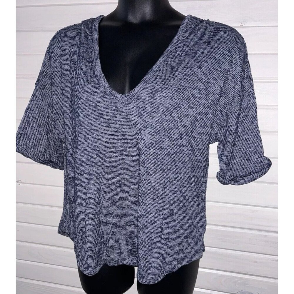 NWT GAP Sz XL Blue Marled U-neck Cotton Blend Boxy Hooded Top Short Sleeve